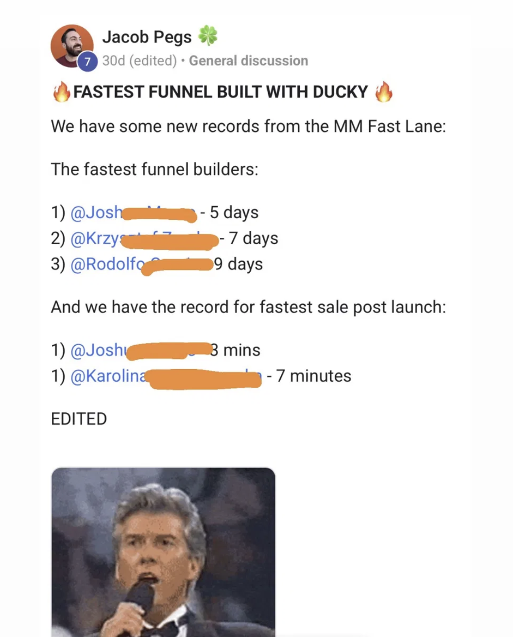 Skool post: fastest funnels built with Ducky — 5, 7 and 9 days, and first sales within minutes of launch