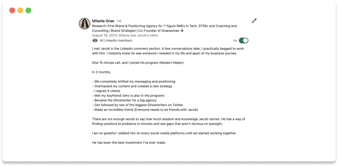 Milanie Grae LinkedIn recommendation