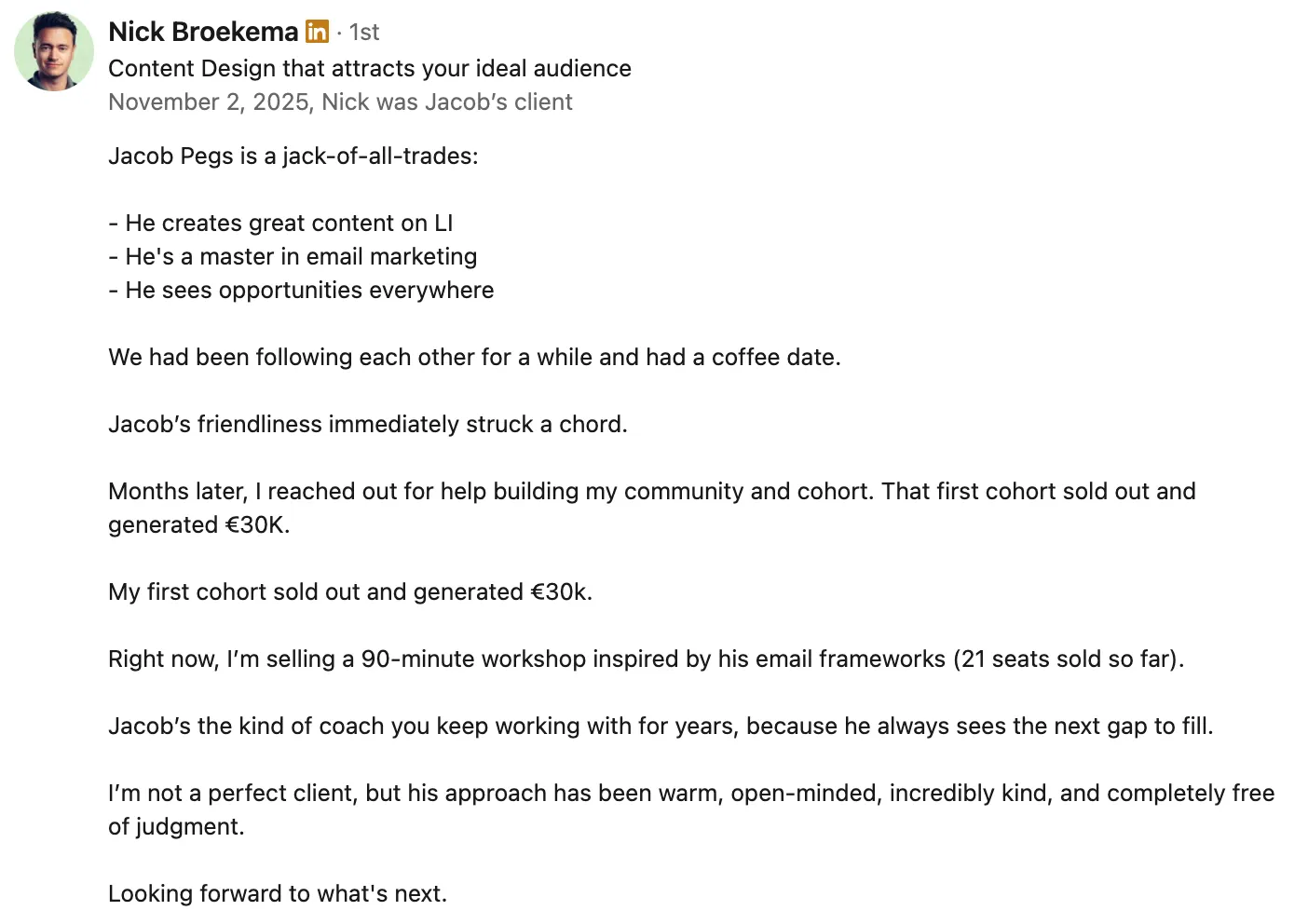 Nick Broekema LinkedIn recommendation