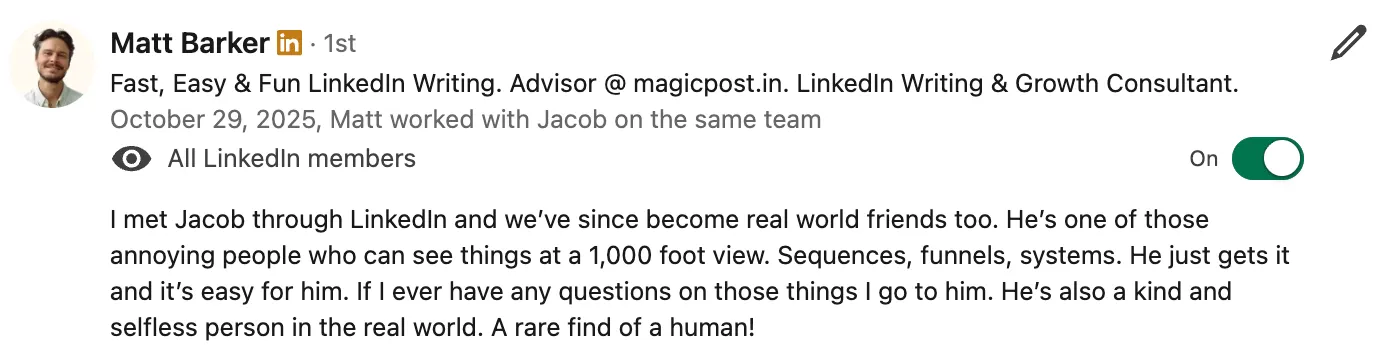 Matt Barker LinkedIn recommendation