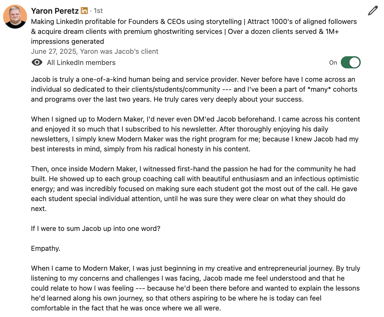 Yaron Peretz LinkedIn recommendation